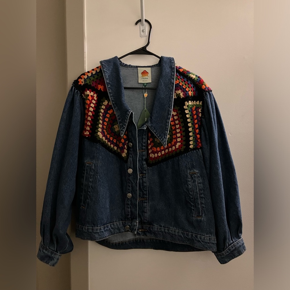 NWT Farm Rio Oversized Granny Square Crochet Denim Jacket - Picture 5 of 7